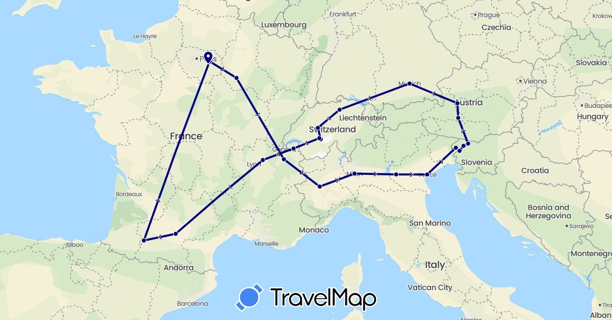 TravelMap itinerary: driving in Austria, Switzerland, Germany, France, Italy, Slovenia (Europe)